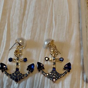 Gold and Blue Rhinestone Anchor Earrings